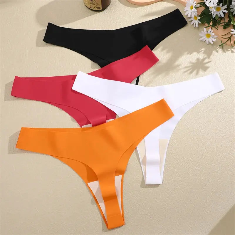 FINETOO women's ice silk seamless thong set, 4pcs in black, red, white, orange by Simples Market
