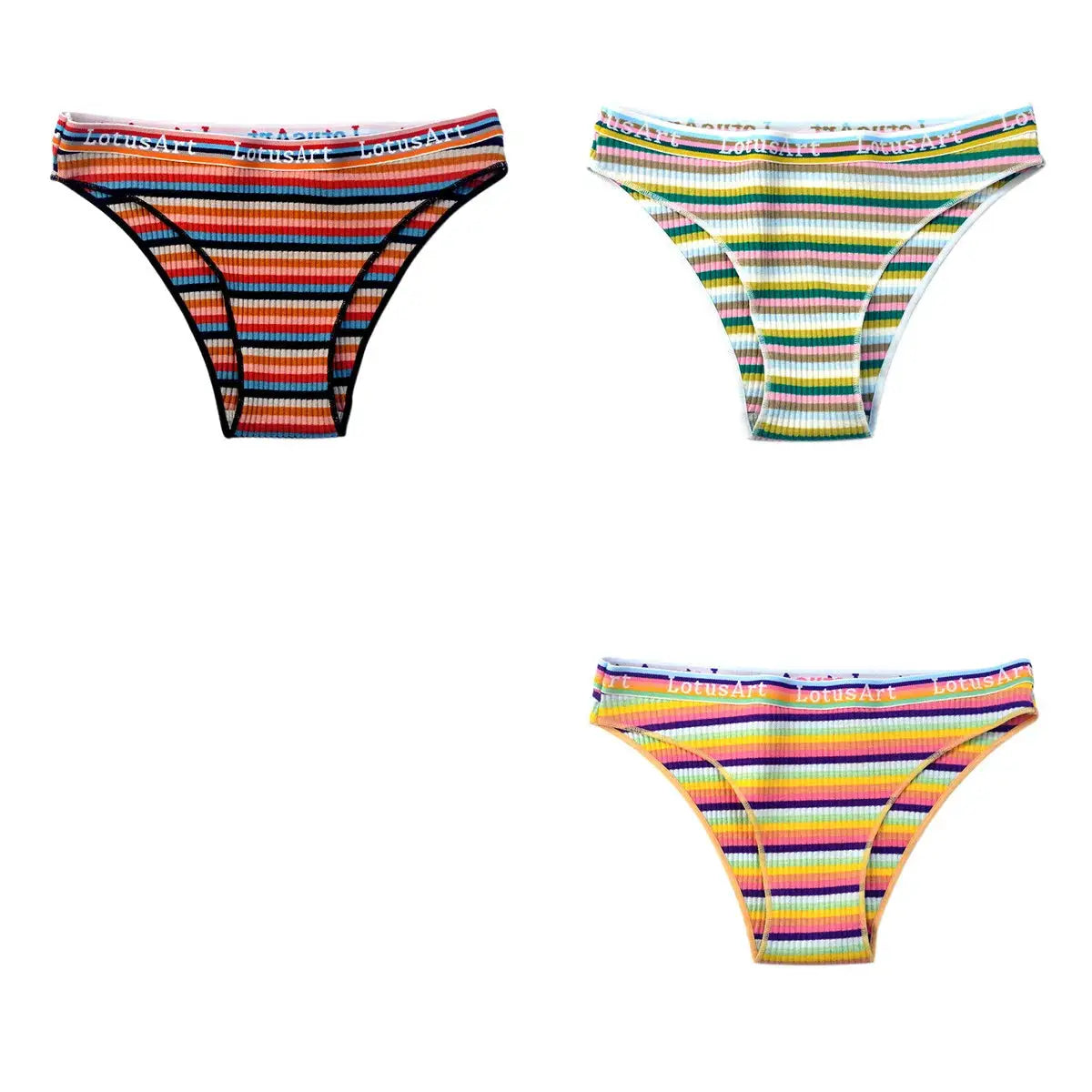 3-pack cotton women’s striped panties with LotusArt waistband; colorful low-rise briefs.