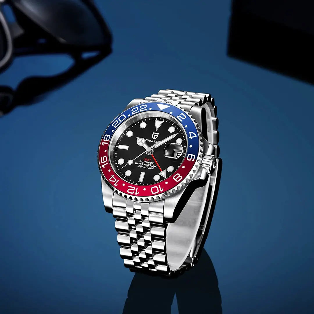Pagani Design men's GMT watch with stainless steel bracelet, blue and red bezel, sapphire glass
