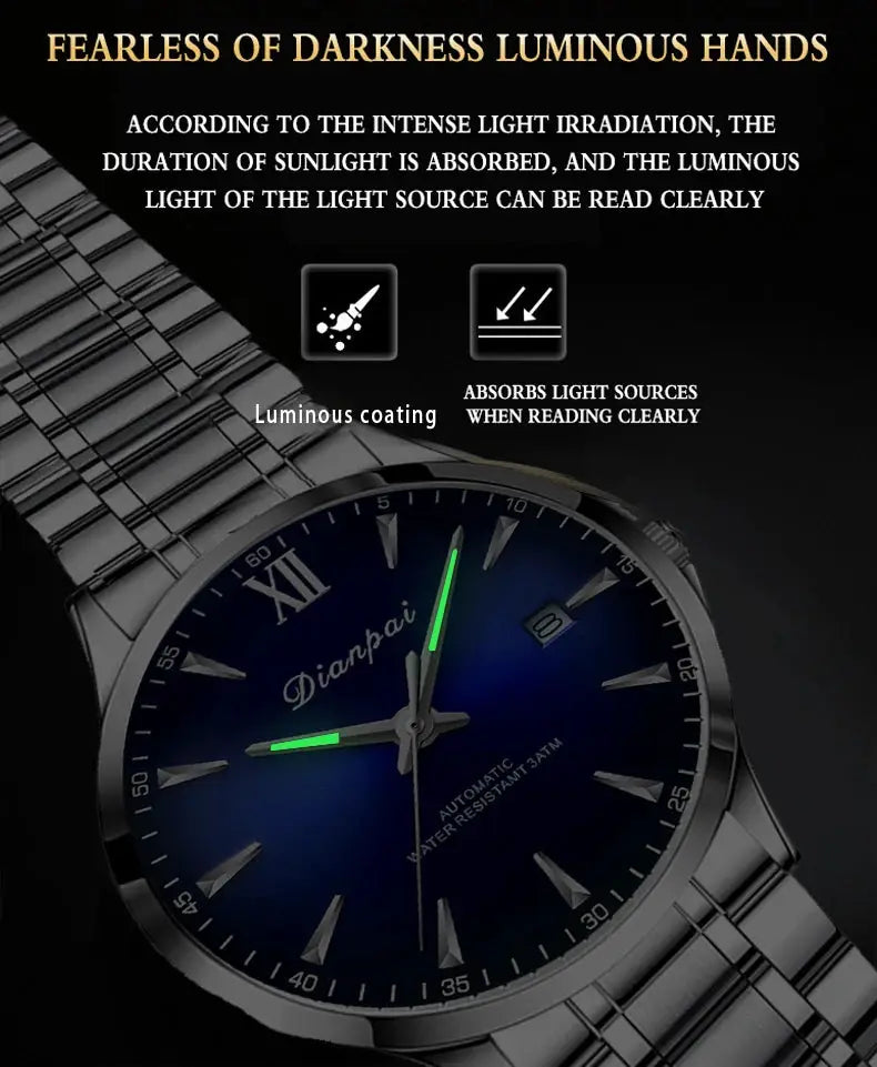 Dianpai men's stainless steel automatic watch with blue dial, luminous green hands, date window, water resistant