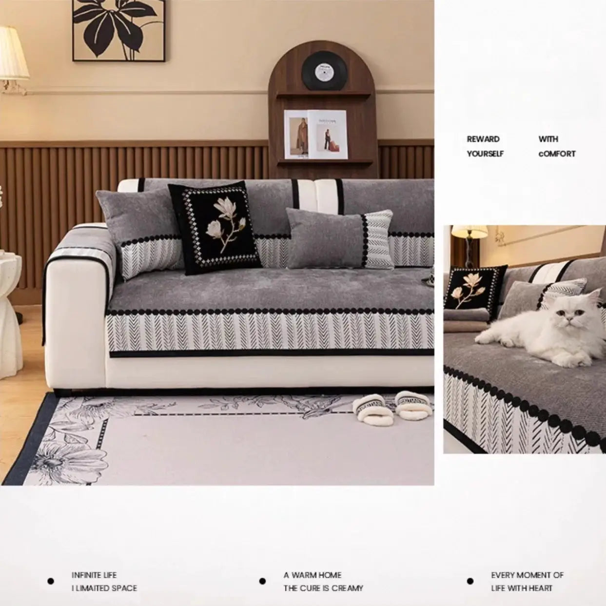 Sofa cover by Simples Market in gray/white contrast twill chenille with black hem, non-slip couch slipcover