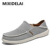 Men's gray canvas loafers slip-on; lightweight casual shoes with MIXIDELAI logo by Simples Market
