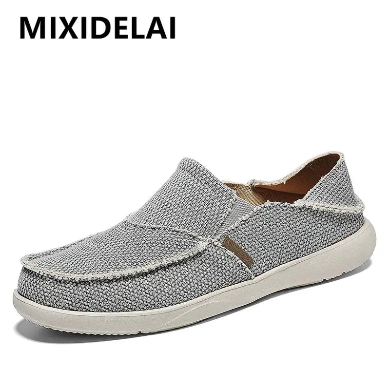 Men's gray canvas loafers slip-on; lightweight casual shoes with MIXIDELAI logo by Simples Market