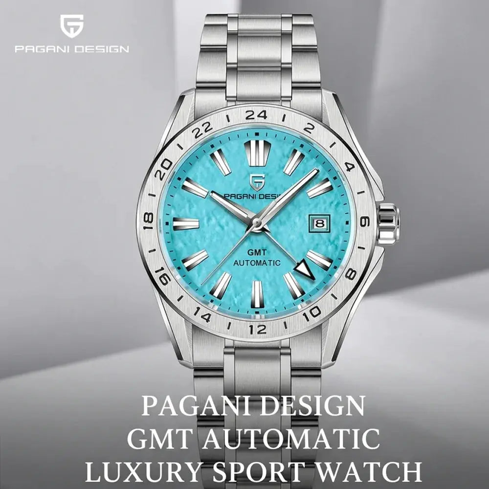 Pagani Design GMT stainless steel automatic watch with turquoise dial, 24-hour bezel, date window, and metal bracelet.