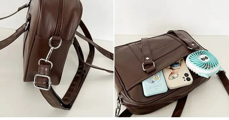 Simples Market brown PU leather JK-style bag with adjustable crossbody strap and metal buckles