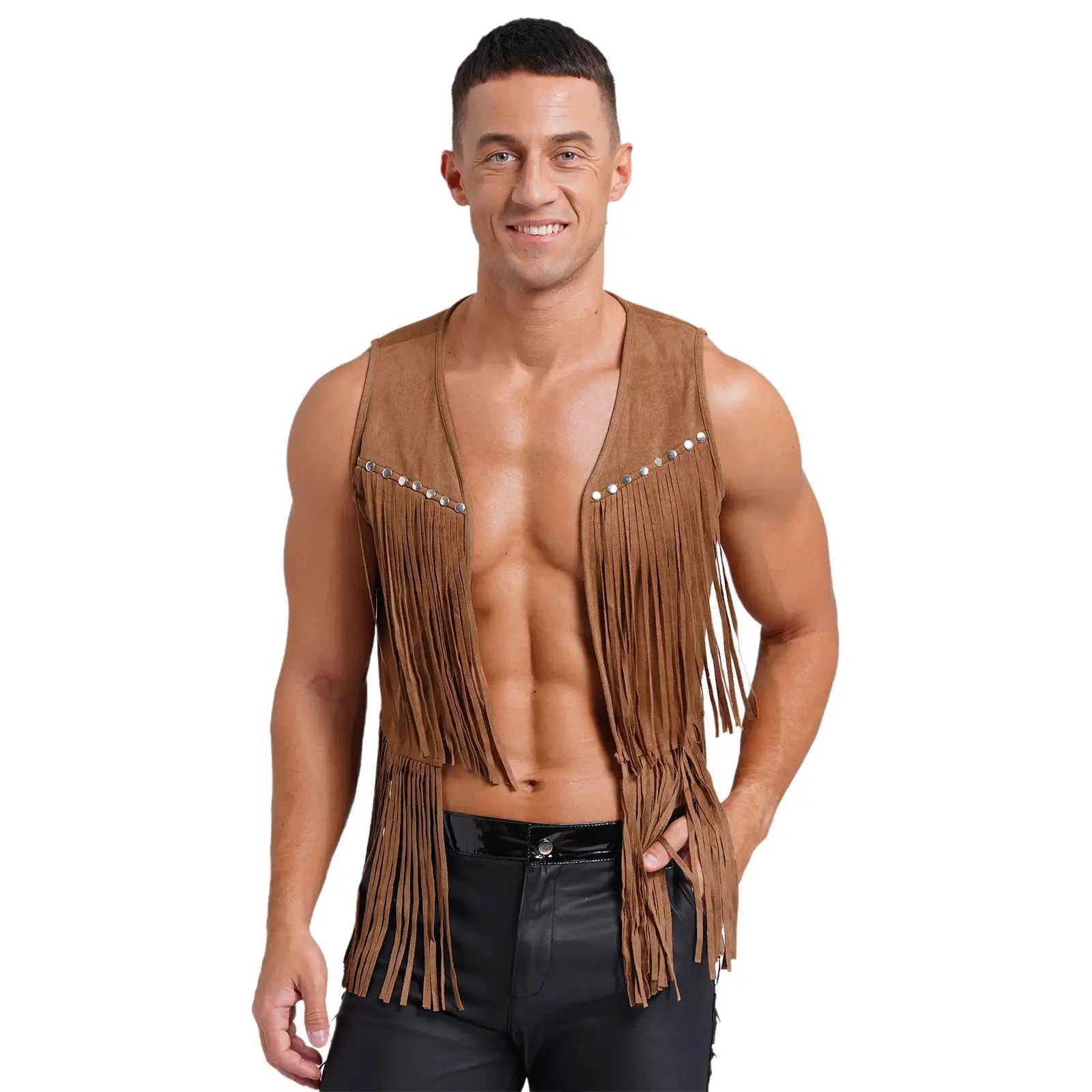 Mens faux suede tassel vest with fringe and rivet trim, open-front brown waistcoat