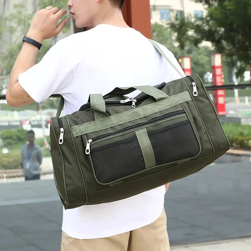 Olive green Oxford dry-wet separation gym bag, large-capacity duffel with multiple zip pockets