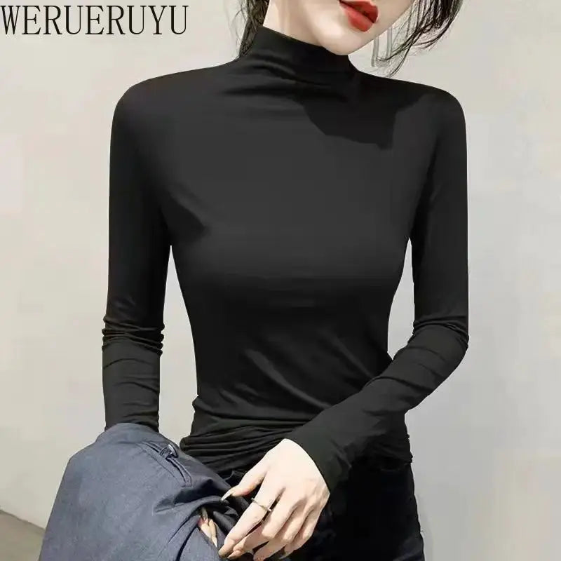 VogueWeave Black Turtleneck Long Sleeve Top for Women Y2K Modal Blend Soft Comfort Slim Fit for Autumn Winter