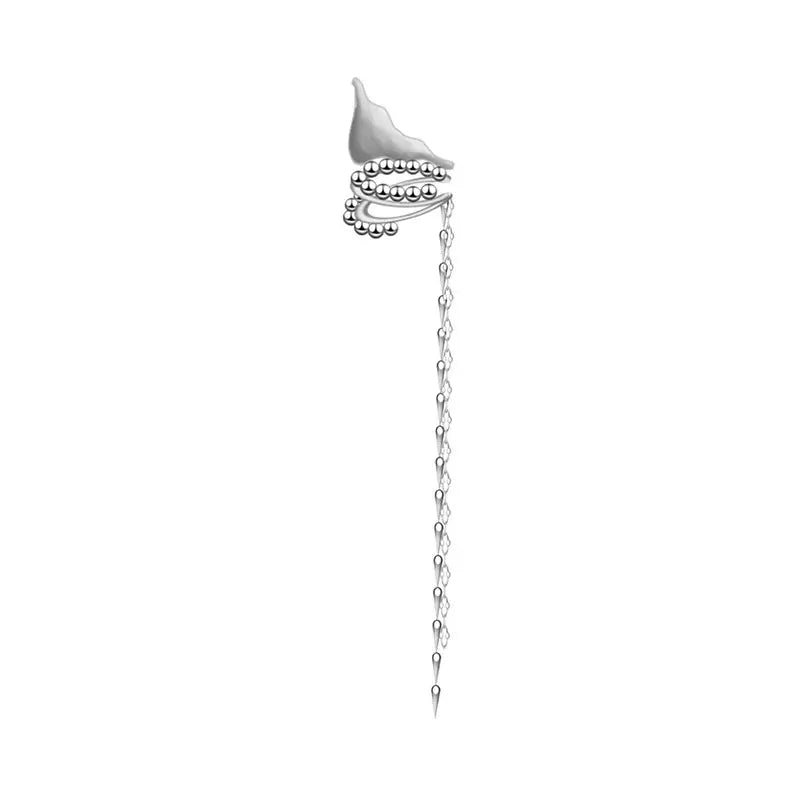 Elf ear clip with long chain tassel earrings and geometric ear cuff, no-piercing silver-tone