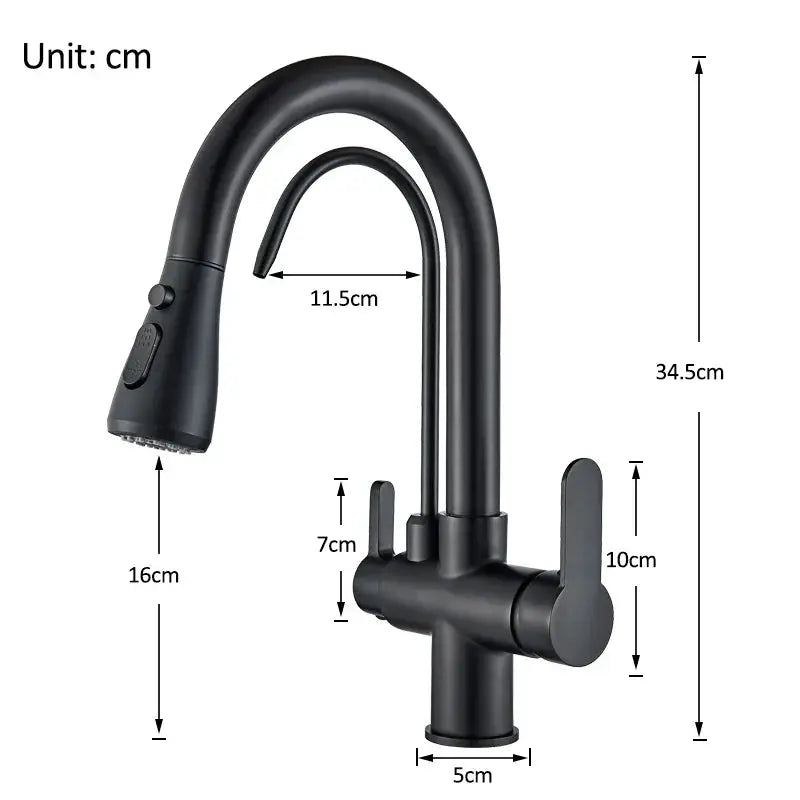 Black pull-out kitchen faucet with 3-way mixer, spray head, gooseneck spout and dual side levers