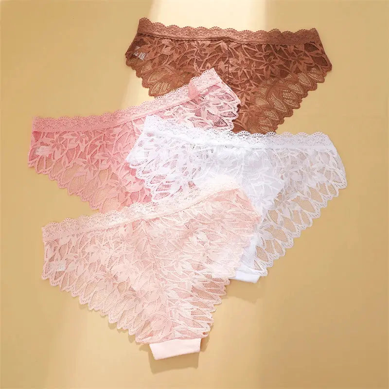Lace hollow-out briefs set of 4 in brown, pink, white, and peach