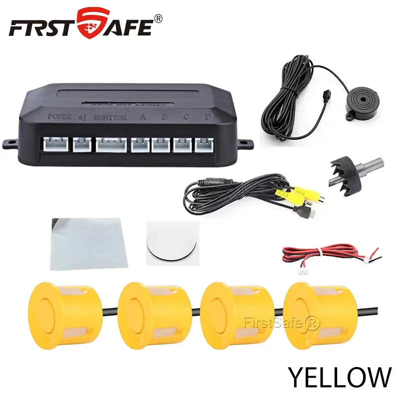 Car rear parking radar system by FirstSafe with 4 yellow sensors and black control box