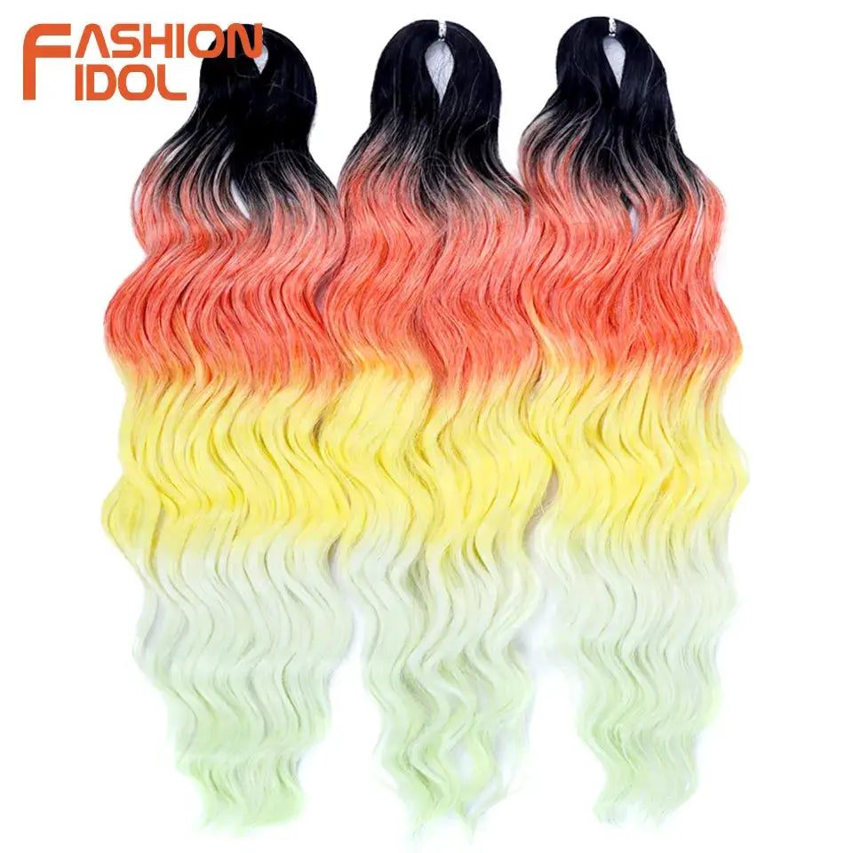 Anna Hair synthetic loose deep wave braiding extensions, 24in, ombre black-pink-yellow-green, 3 bundles, Fashion Idol