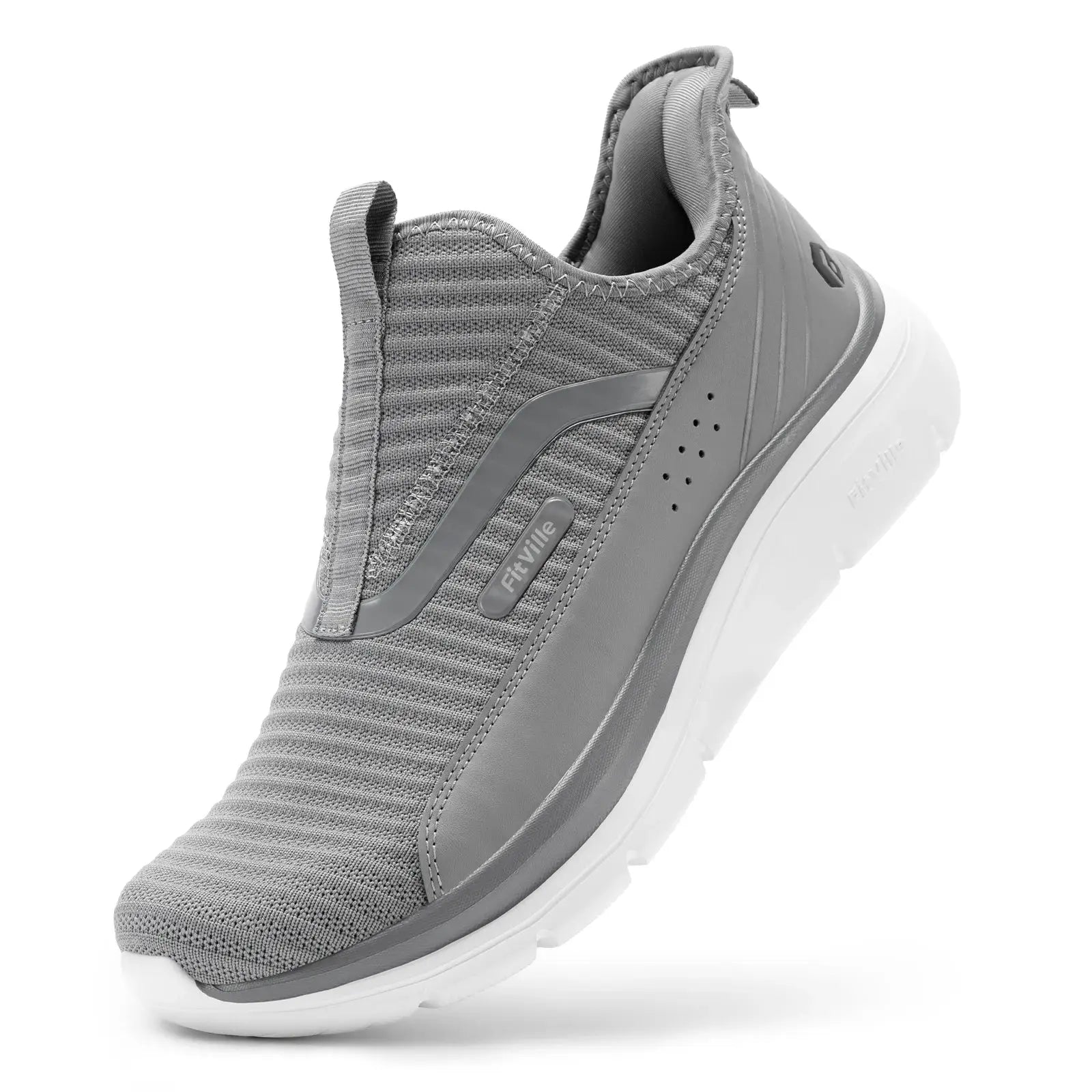 FitVille wide men's walking shoe, grey knit upper, lightweight breathable sneaker with white sole