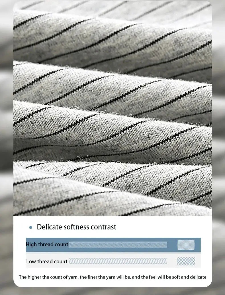 Men's striped gray boxer briefs fabric close-up; soft knit with black pinstripes