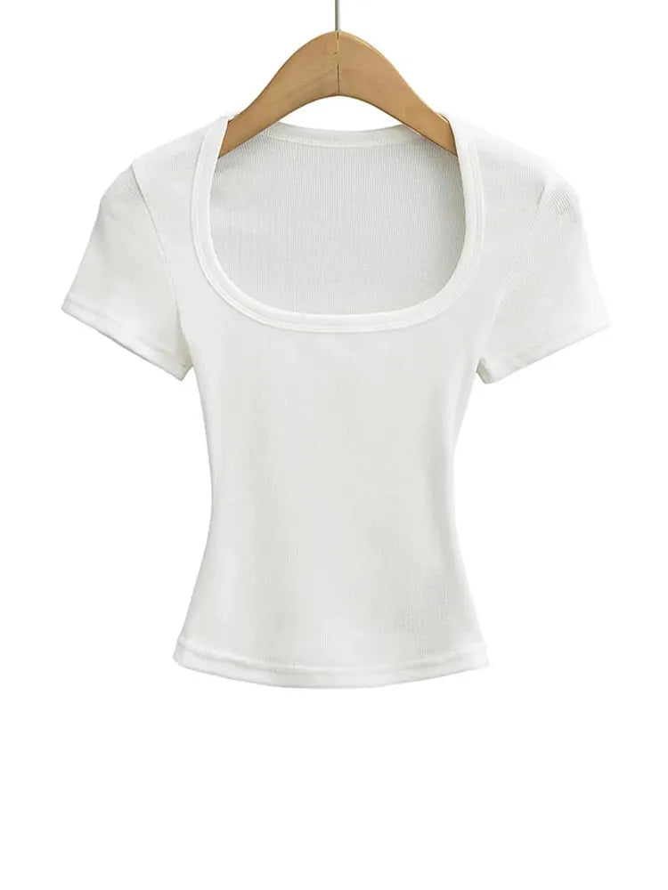 Womens Slim Fit Square Collar Crop Top High Stretch Short Sleeve Pullover Summer Blouse T Shirt For Layering