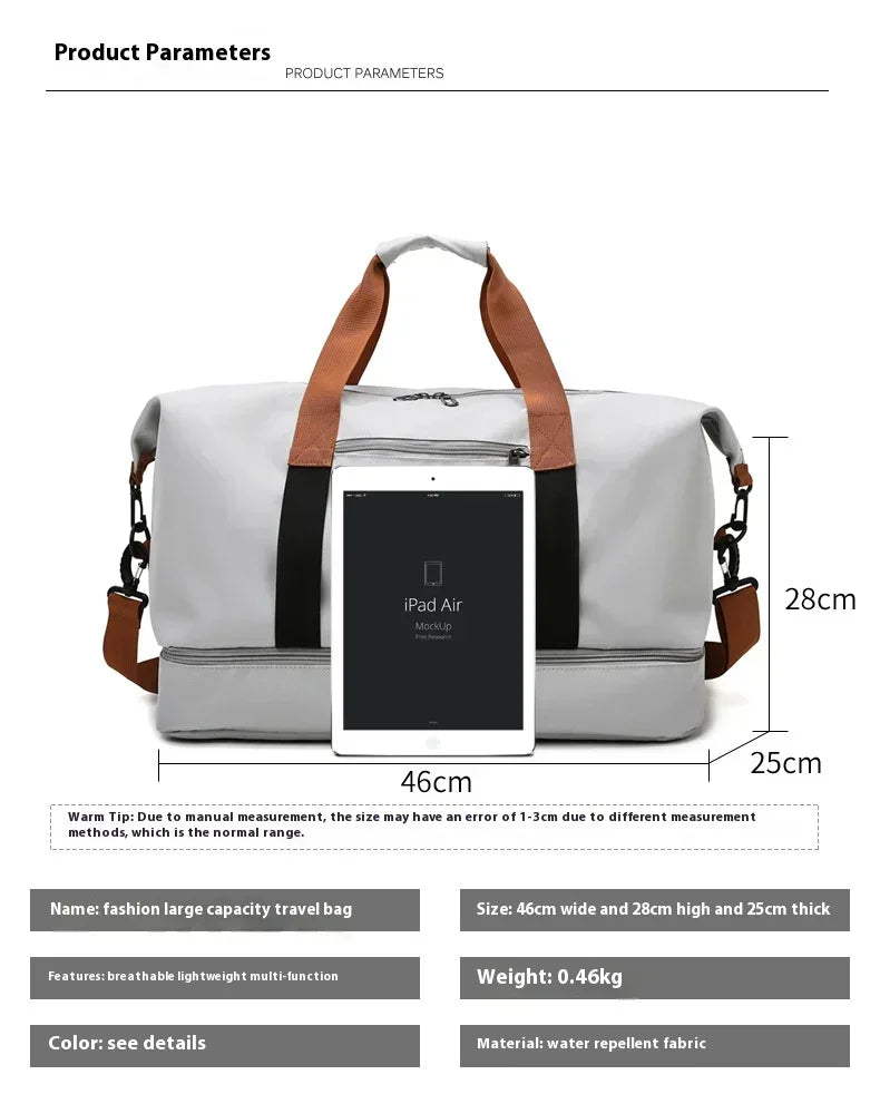 Large capacity travel gym bag, gray waterproof fabric with brown handles and detachable strap, 46x28x25 cm.