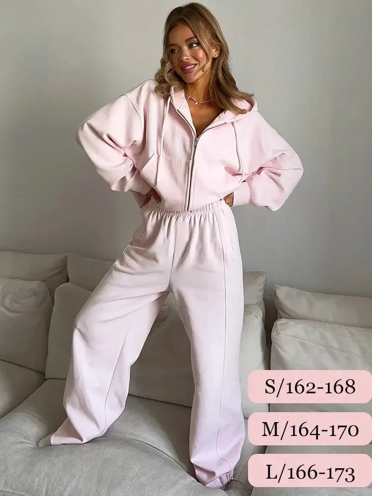 Autumn Women Tracksuit With Zipper Hooded Jacket And Wide Leg Trousers Two Piece Set Yellow Sportswear