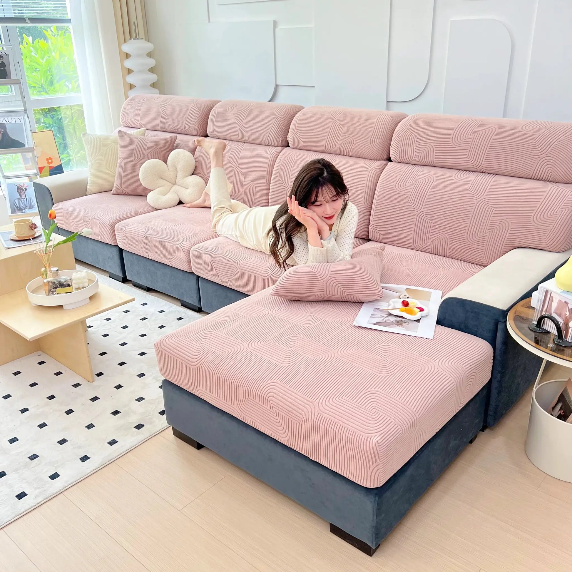 Sofa seat cushion cover set in pink jacquard, thick stretch, removable washable, Simples Market.