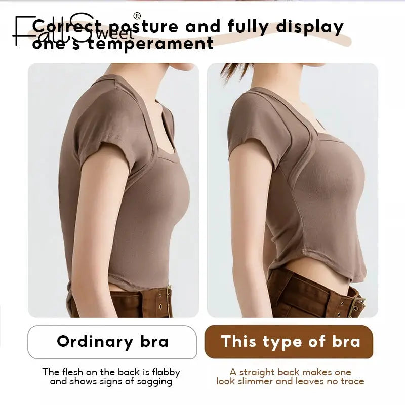FallSweet seamless wireless posture-correction bra in brown with cross-back support by Simples Market