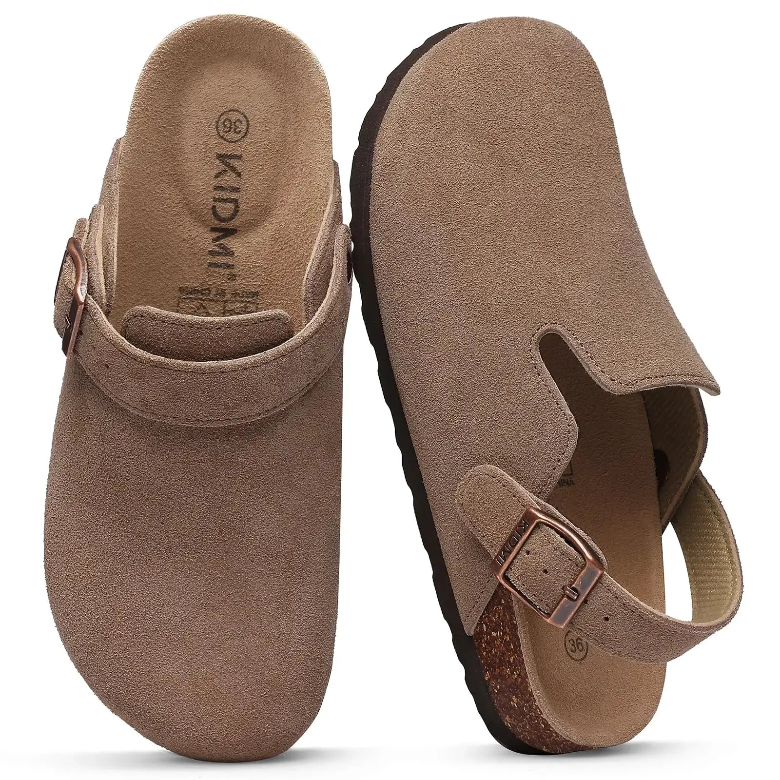 Crestar women's suede clogs with adjustable strap, brown with cork footbed