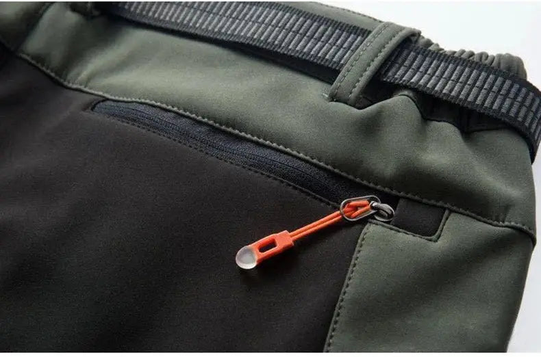 JNLN men's outdoor soft-shell hiking pants, black and dark green with orange zipper pull, Simples Market