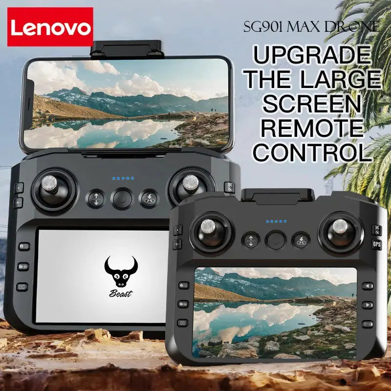 Lenovo SG901 MAX drone with two large-screen remote controllers on rocky terrain