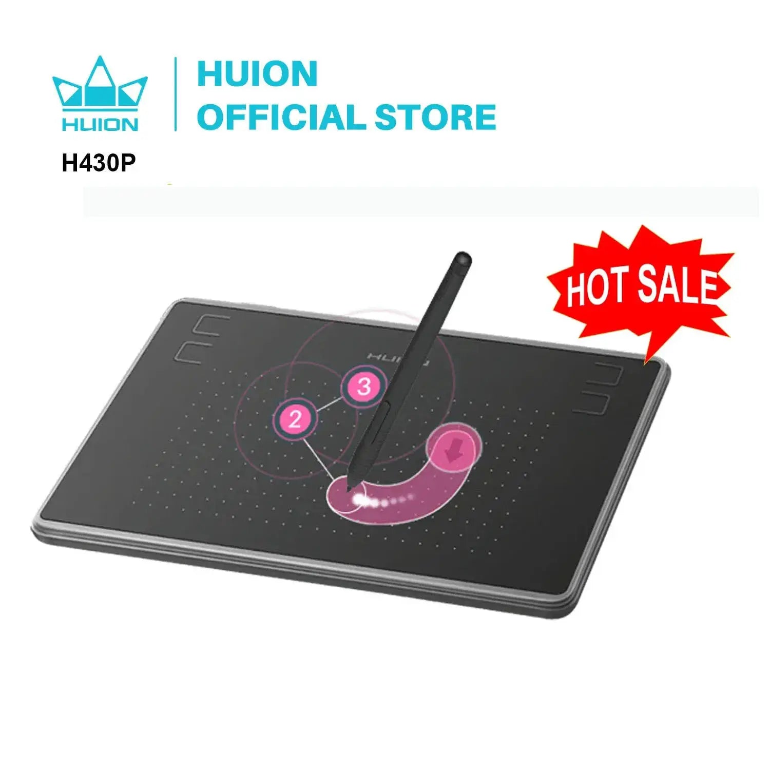 Huion H430P drawing tablet with battery-free pen, compatible with Android/Windows/macOS