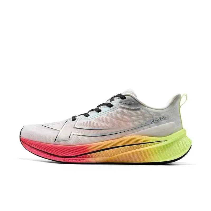 Xtep men's running shoes with white upper and gradient cushioned midsole in pink to neon green.