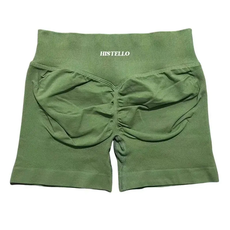 HISTELLO green women's sports shorts, low-waist seamless scrunch-back design, breathable fitness wear