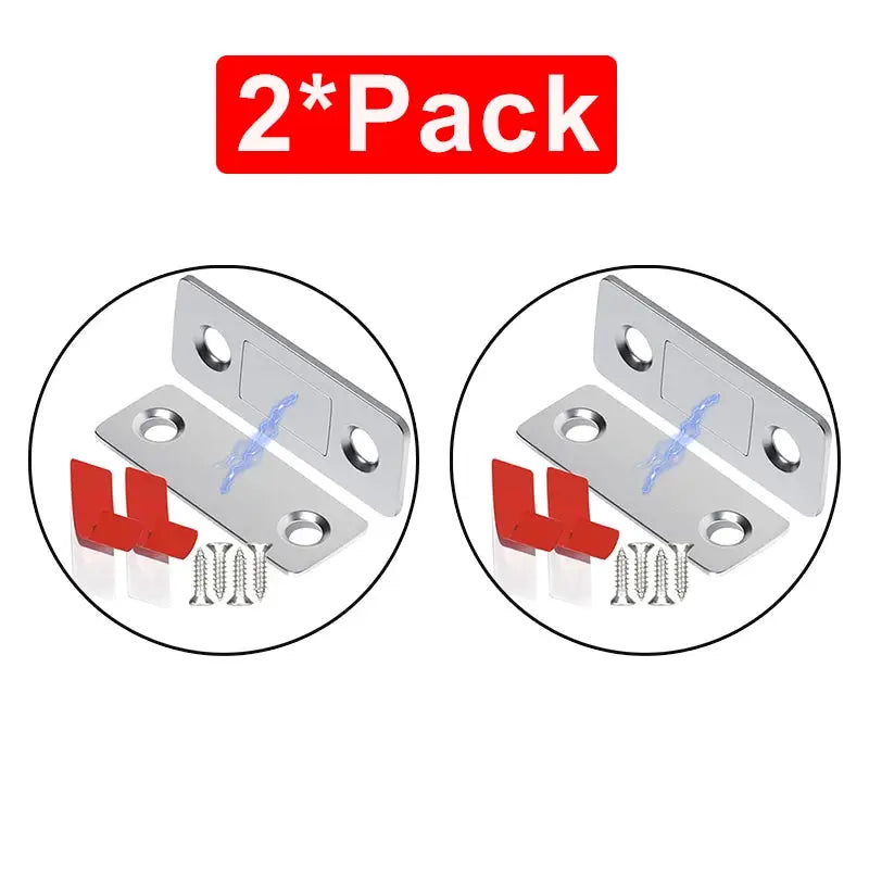 Magnetic cabinet catches, 2-pack, with silver metal plates, screws, and red mounting clips
