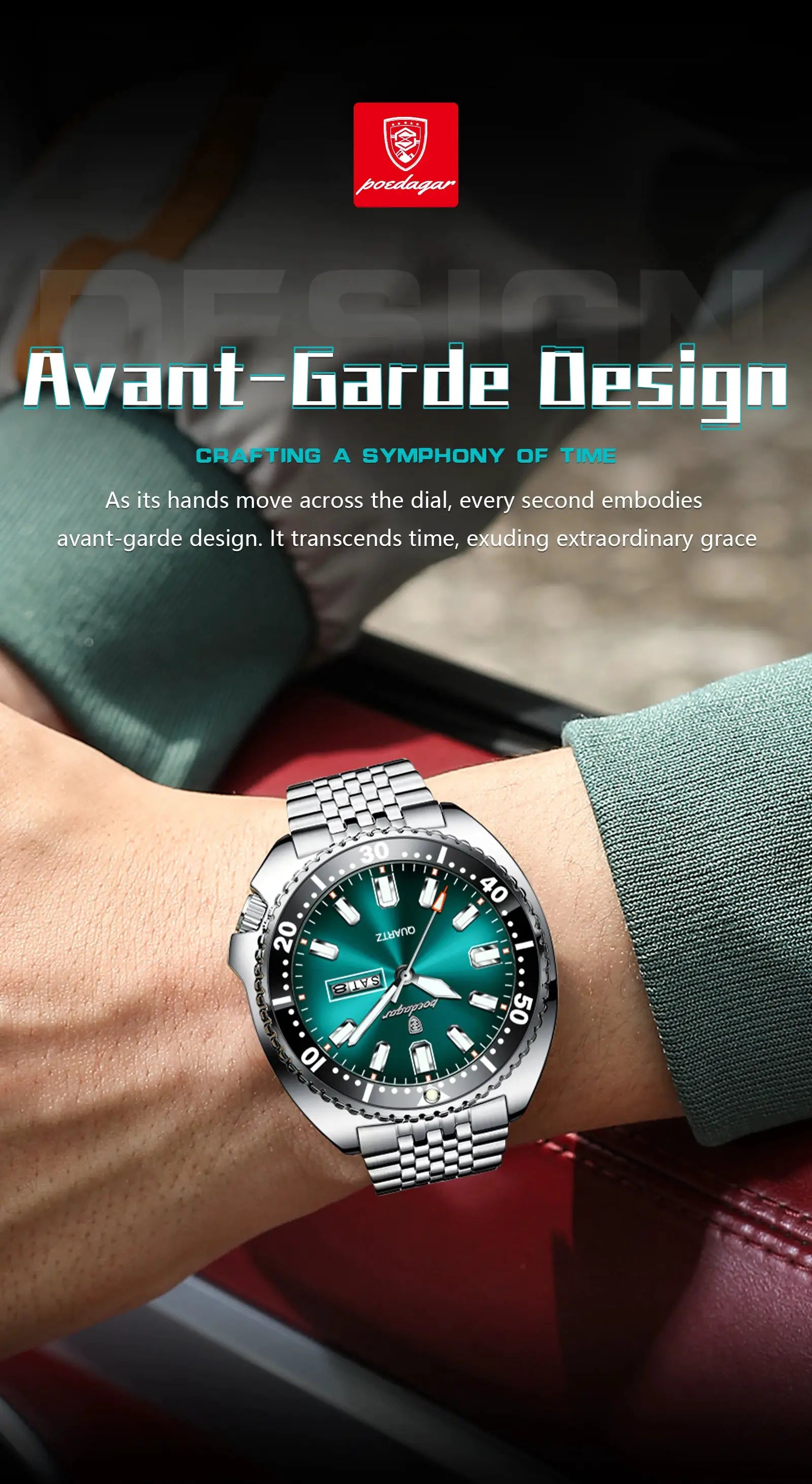 POEDAGAR men's stainless steel wristwatch with teal dial, date window, and luminous markers.
