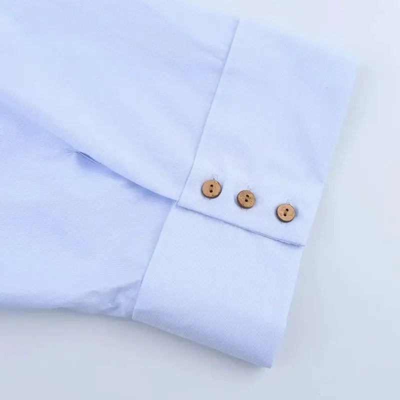 HXAO 2025 women's light blue long-sleeve shirt cuff with wooden brown buttons