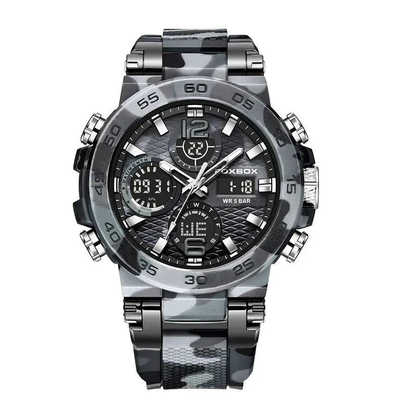 LIGE electronic men's wristwatch with camouflage stainless steel band, LED digital display, 5 BAR waterproof