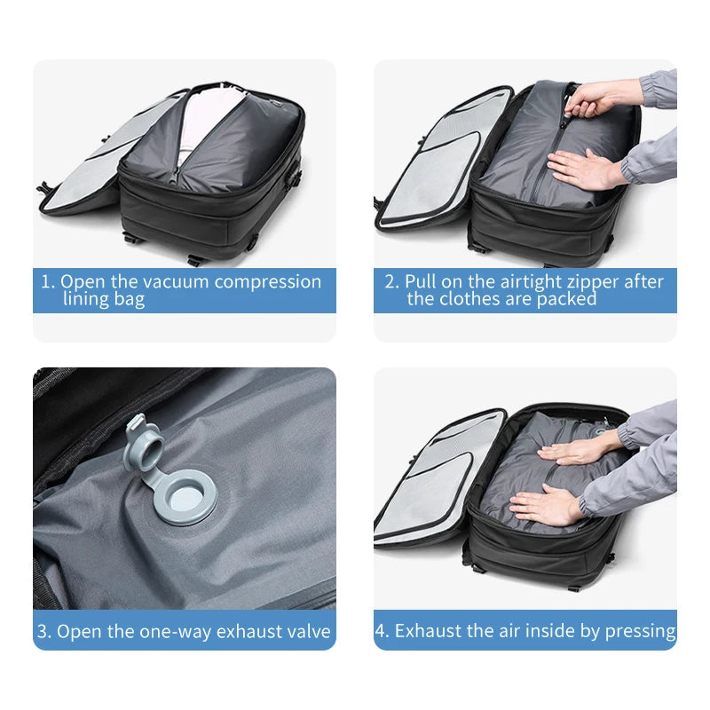 Men's travel vacuum compression backpack by Simples Market, black with gray interior, fits 17-inch laptop