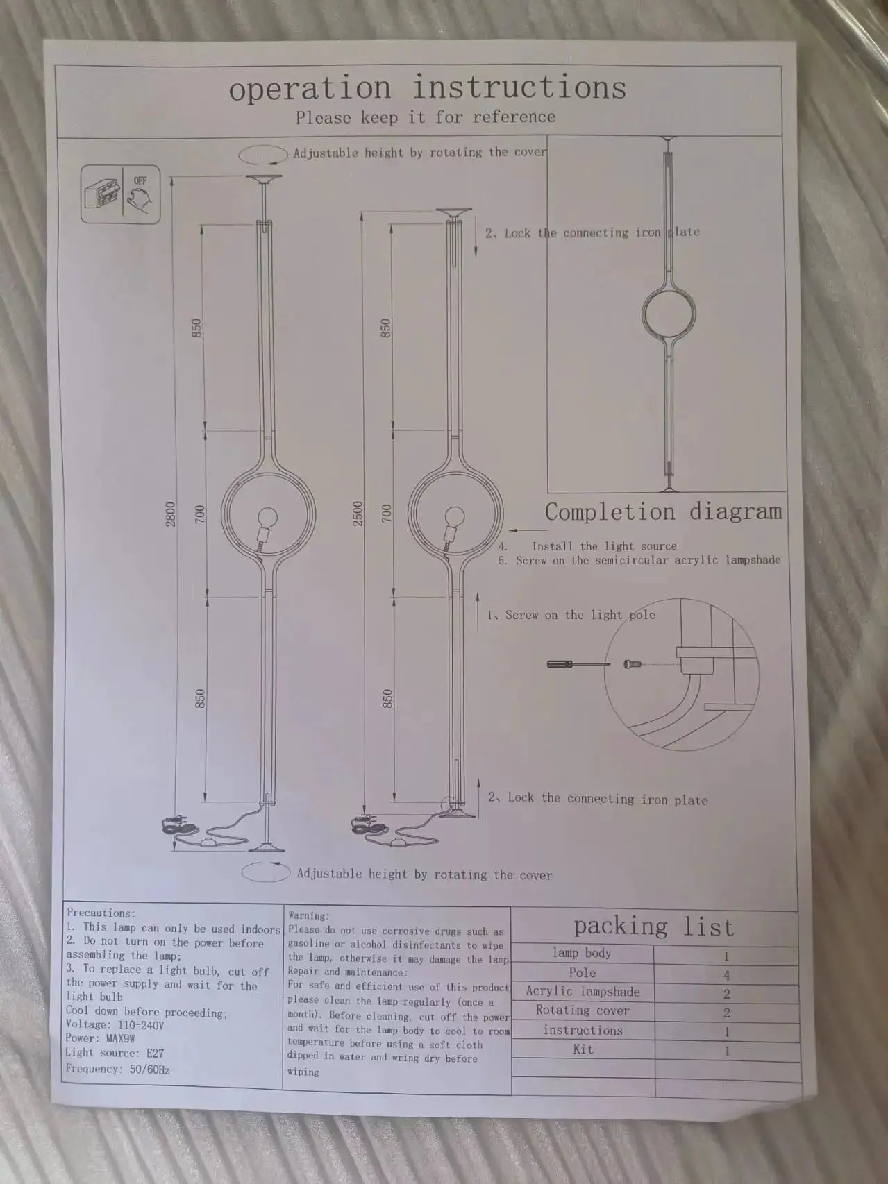 Modern white acrylic circular lampshade LED floor lamp by Simples Market – assembly diagram