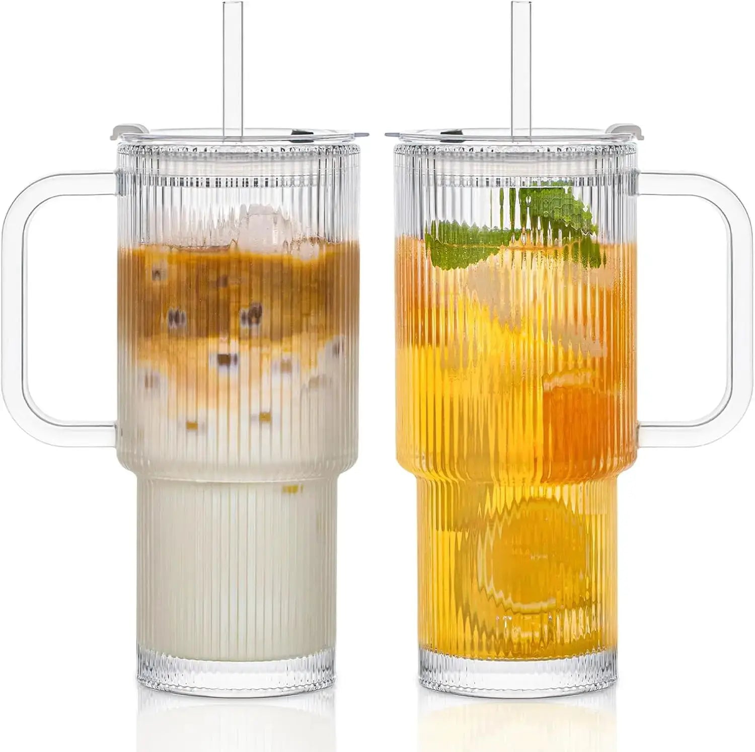 760ML Ribbed Glass Tumbler With Handle Lid For Cold And Hot Beverages Large Iced Coffee Cups With Straws Glass Mug