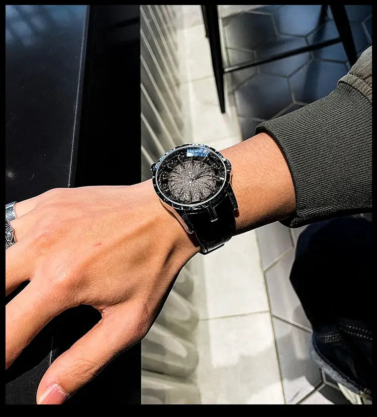 Men's quartz watch by Simples Market, black leather strap, textured dial, round silver bezel