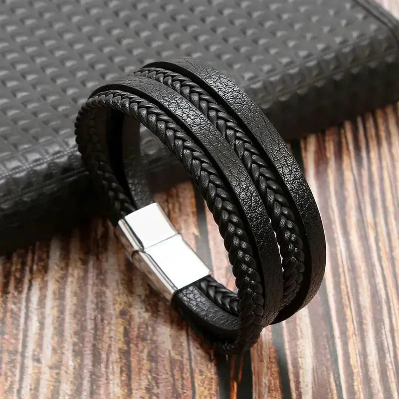 Classic Mens Leather Bracelet Hand Woven Multi Layer Style Fashion Jewelry For Men Durable Casual Accessory