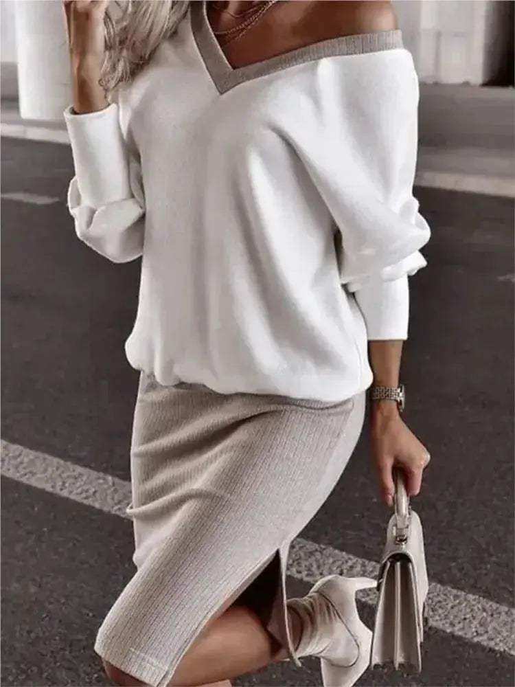 Autumn Winter Two Piece Set Loose V Neck Sweatshirt And Tight Skirt