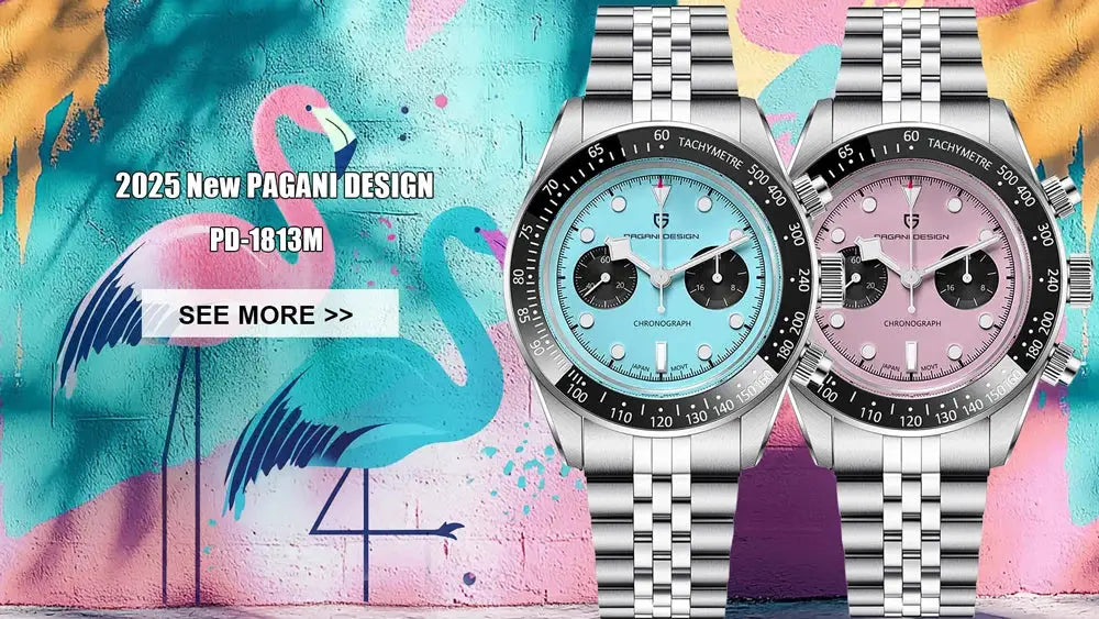 Pagani Design men's chronograph watches, two stainless steel bracelet timepieces with blue and pink dials.