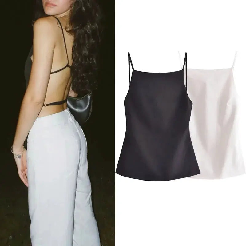 Women 2025 Black Backless Crop Top With Straps Breathable Polyester And Elegant Tatting For Parties
