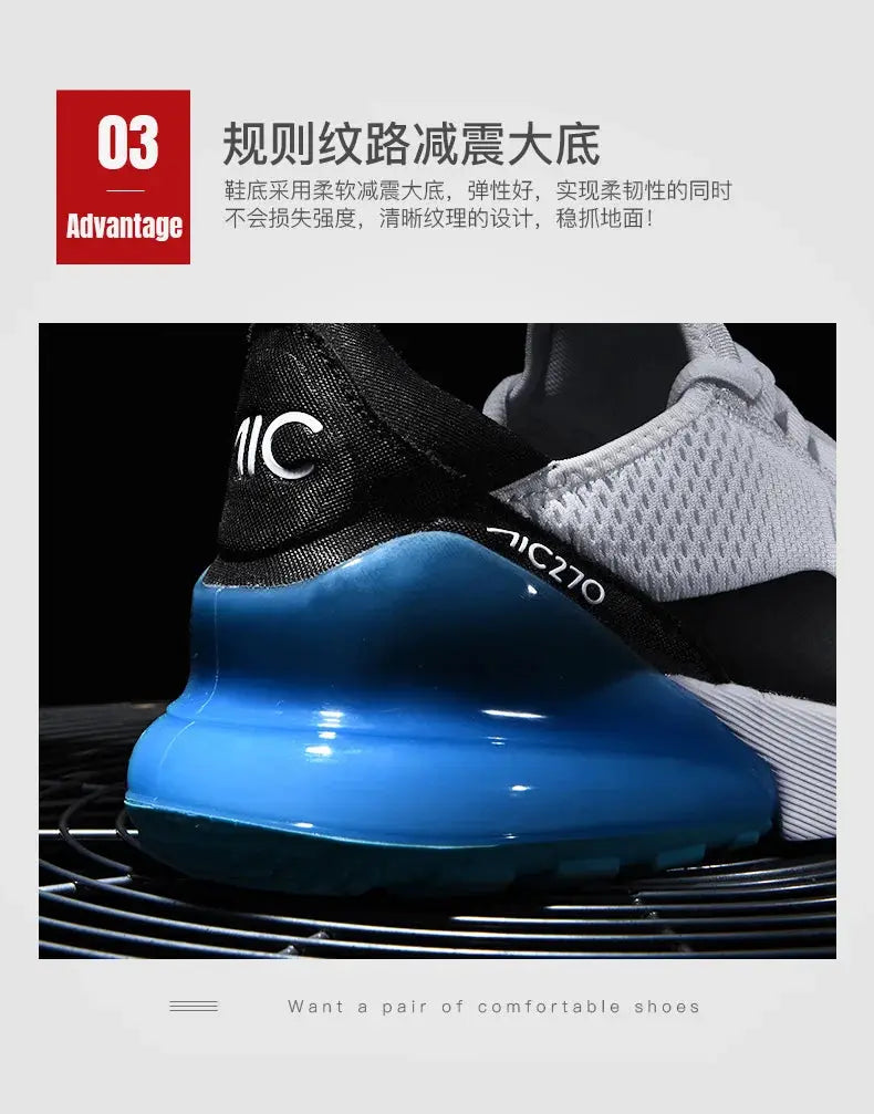 Simples Market men's athletic sneakers with blue cushioned sole and gray breathable mesh upper
