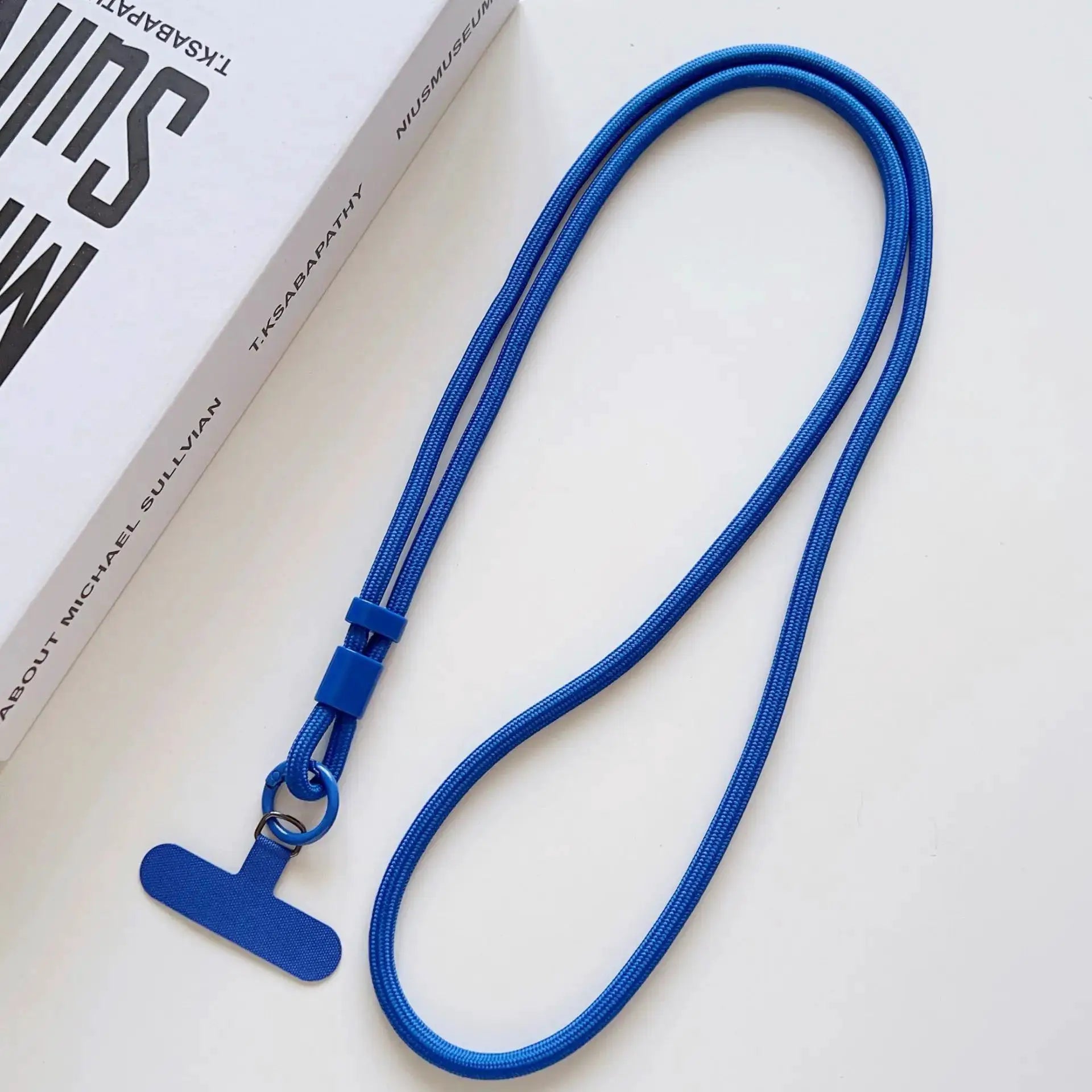 Blue braided nylon mobile phone lanyard with adjustable hardware and badge holder