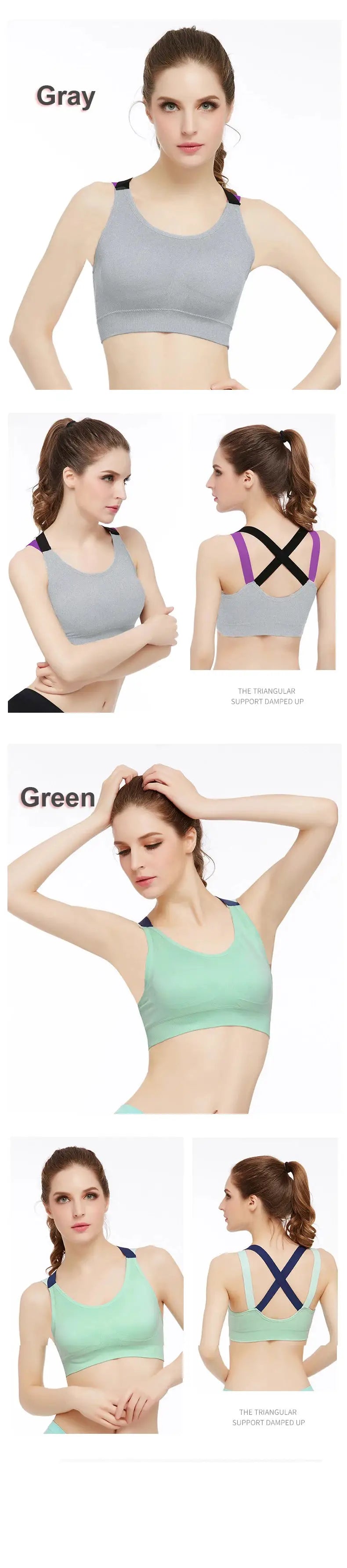 Color-blocked cross-back sports bra in gray and green, front and back views (two color options)