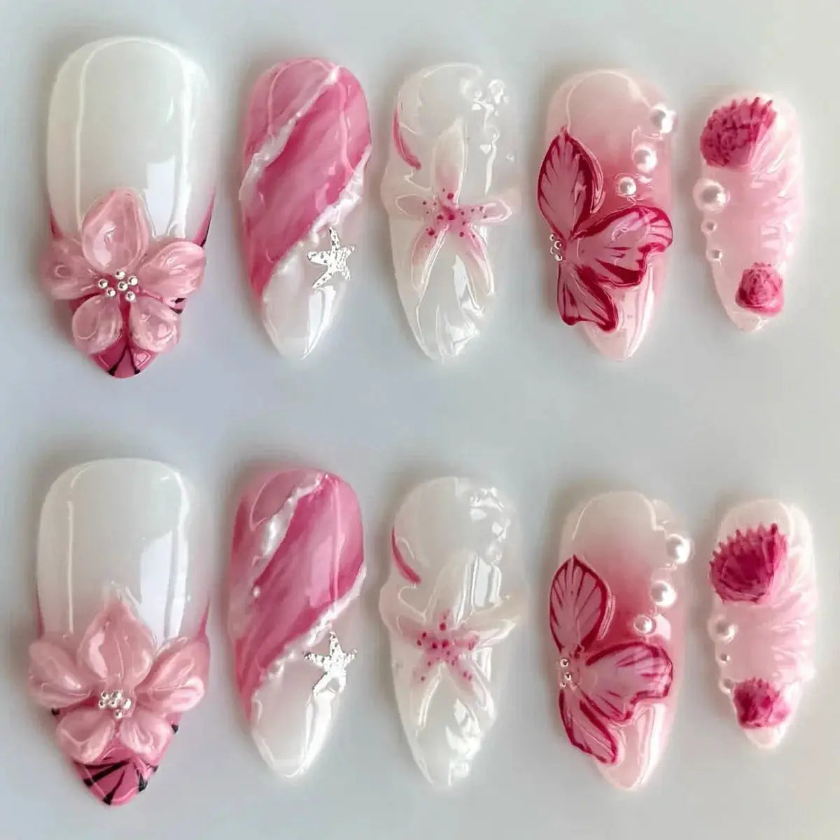 GlamNail Pink Almond Press On Nails Full Coverage Carved Flower 3D Ripple French Tips Golden Pearl Finish