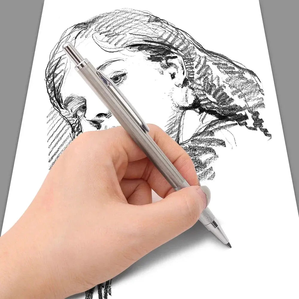 Metal mechanical pencil set by Simples Market with a silver metal body and knurled grip over a sketch drawing.