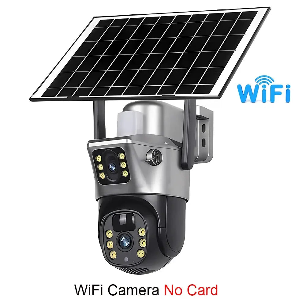 Outdoor solar WiFi IP camera with dual lenses and PIR night vision