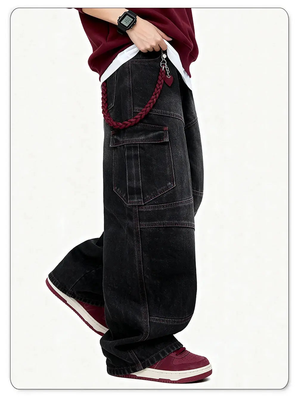 Men's black denim cargo jeans with wide legs and multiple pockets, Simples Market