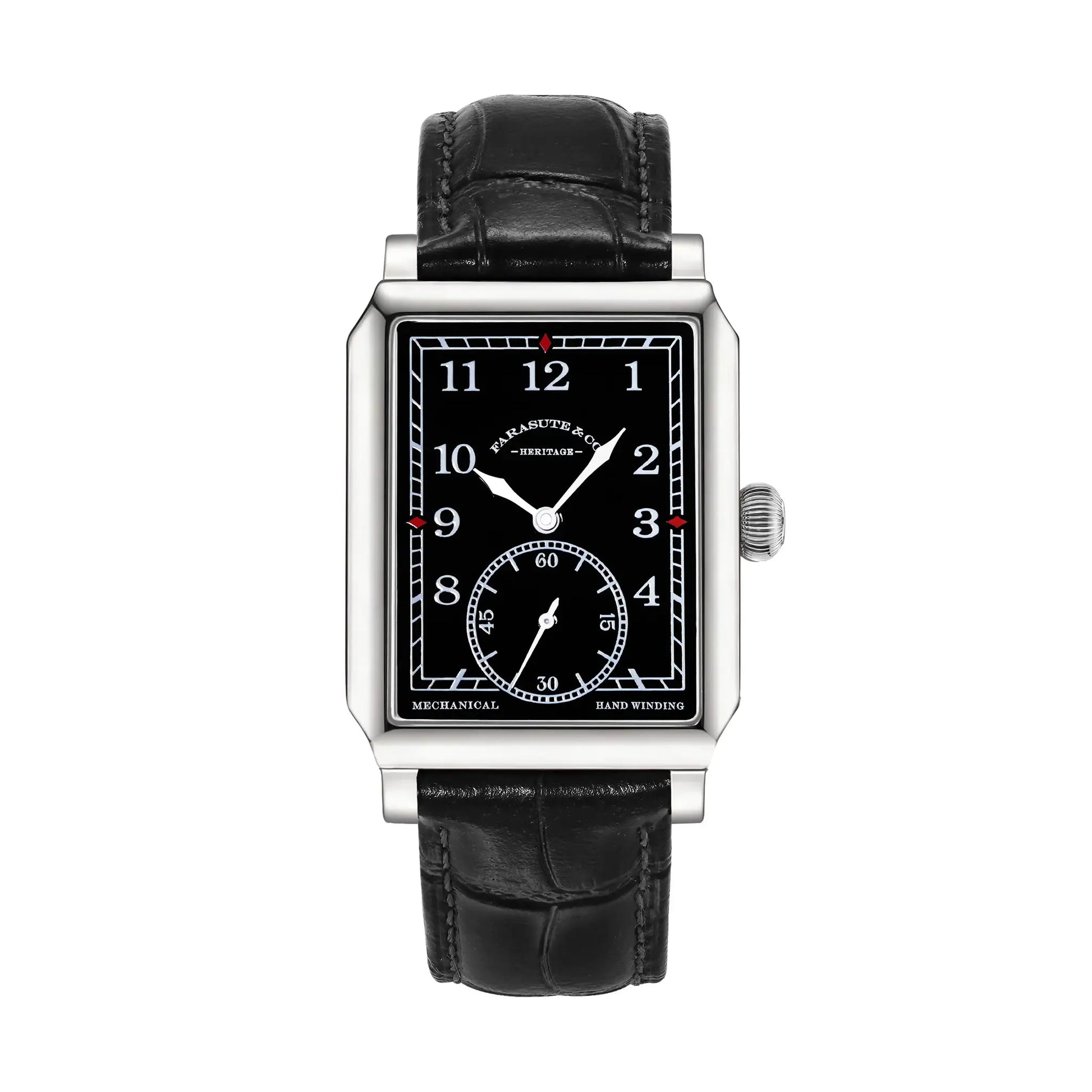 FARASUTE square mechanical wristwatch for men with black dial and white numerals, leather strap.